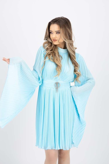 Aqua dress from veil fabric pleated short cut cloche large sleeves