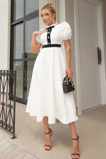 Online Dresses, White dress cotton midi cloche with decorative buttons with puffed sleeves - StarShinerS.com