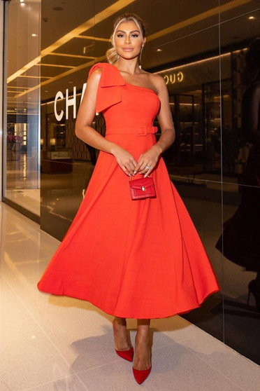 Elegant dresses, Orange dress cotton midi cloche one shoulder bow accessory - StarShinerS.com