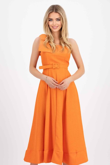 Orange dress cotton midi cloche one shoulder bow accessory