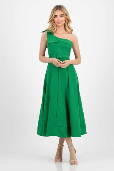 Green dress cotton midi cloche one shoulder bow accessory