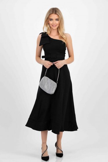 Online Dresses, Black dress cotton midi cloche one shoulder bow accessory - StarShinerS.com