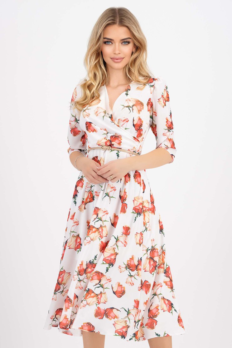 Rochie cu imprimeu floral din material matasos alba midi in clos cu decolteu petrecut si accesoriu tip curea - StarShinerS