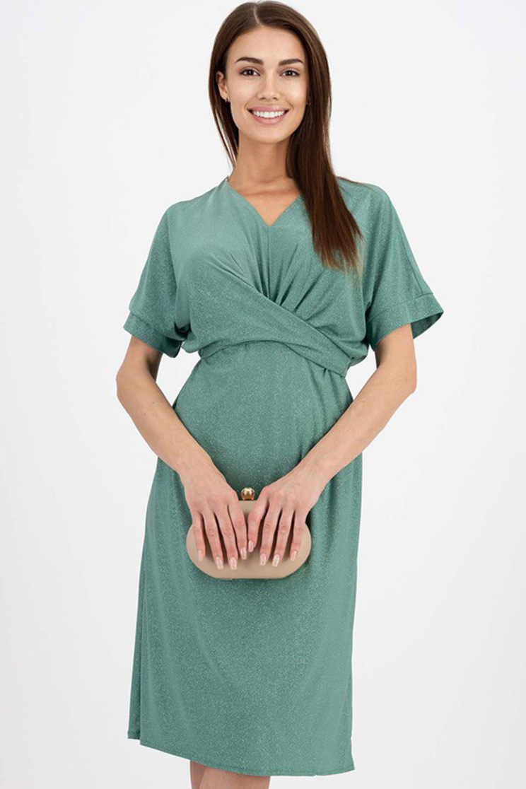 Rochie din lycra cu aplicatii cu sclipici verde midi cu un croi drept - StarShinerS - Rochii-Dama.ro