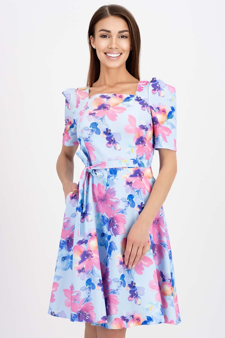 Rochie cu imprimeu floral din stofa elastica in clos pana la genunchi cu buzunare laterale - StarShinerS