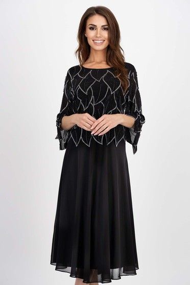 Rochii online, Rochie din voal neagra midi in clos cu inscriptii din pietre strass - StarShinerS.ro