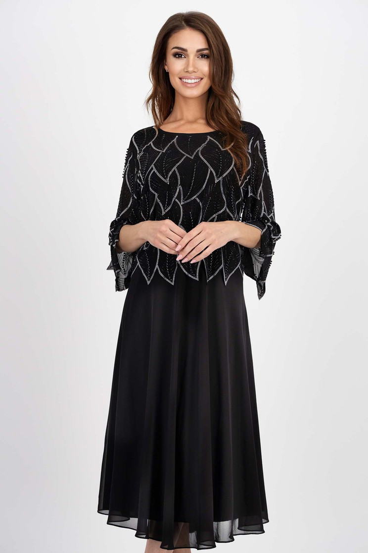 Rochie de ocazie din voal neagra midi in clos cu inscriptii din pietre strass