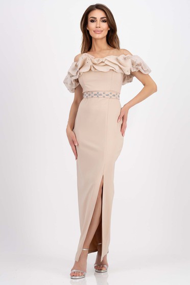 Rochii online, Rochie din stofa elastica crem maxi tip creion crapata pe picior cu accesoriu tip curea - StarShinerS.ro