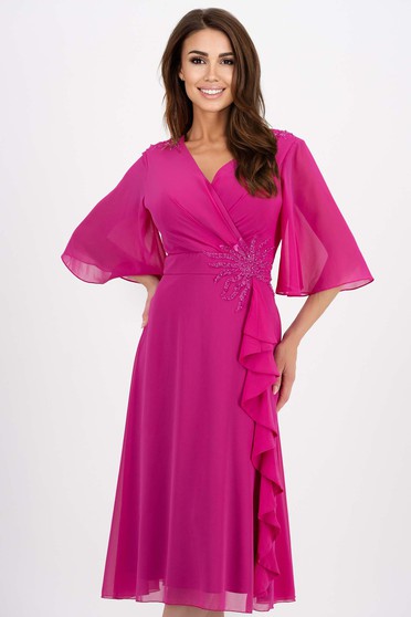 Rochii online, Rochie din voal fuchsia midi in clos cu decolteu petrecut si aplicatii cu pietre strass - StarShinerS.ro