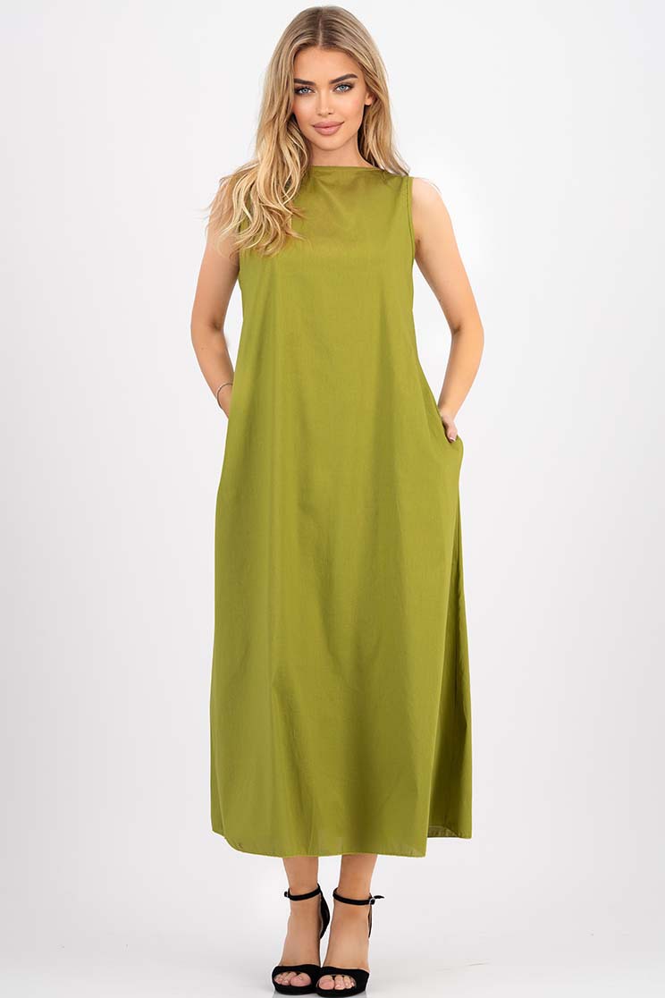 Rochie din poplin verde olive midi cu croi larg si decolteu in v la spate cu funda decorativa