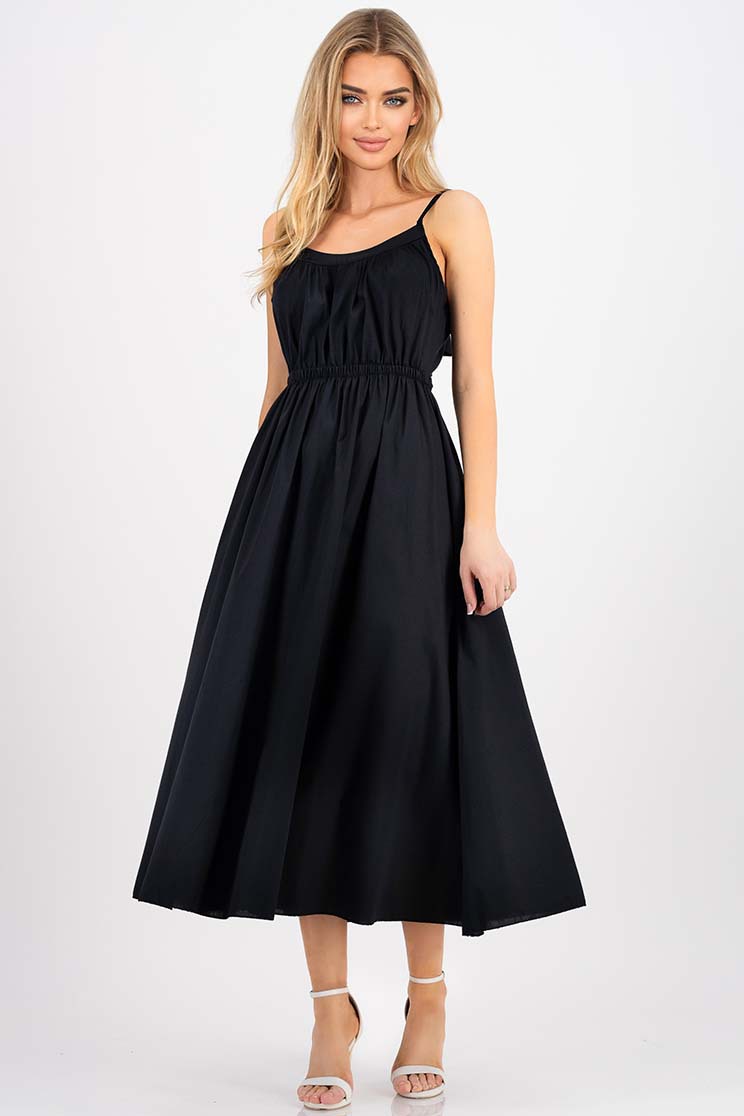 Rochie midi din poplin neagra midi in clos cu elastic in talie si decupaj la spate