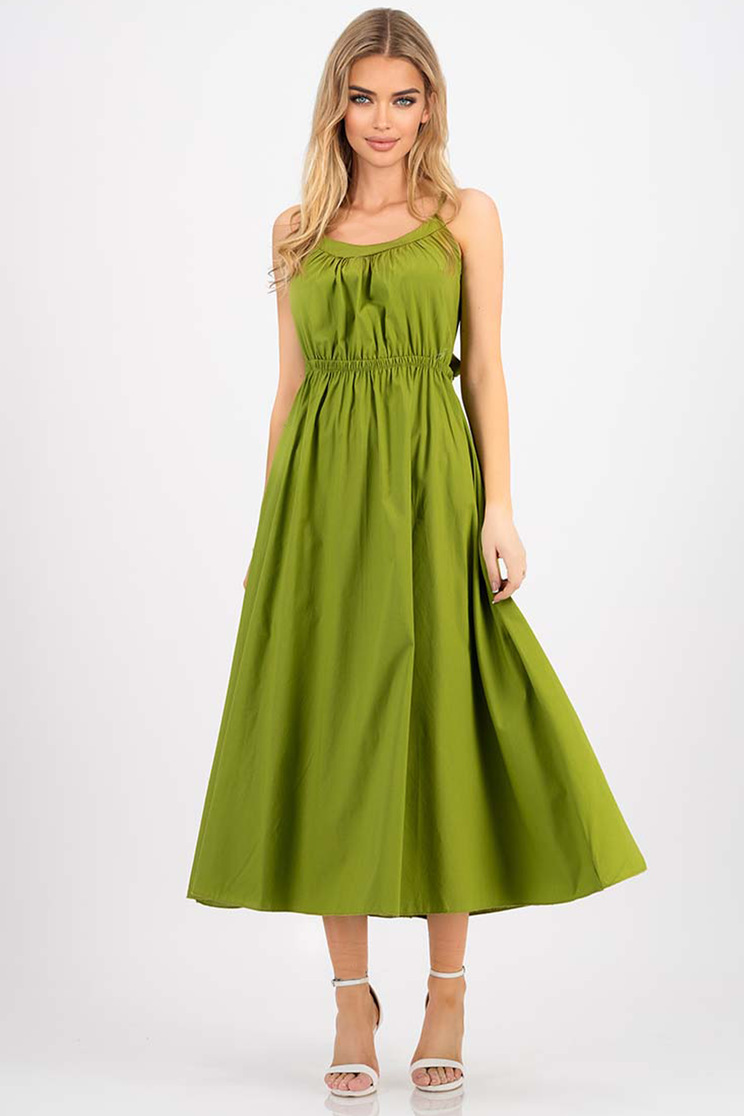 Rochie din poplin verde olive midi in clos cu elastic in talie si decupaj la spate