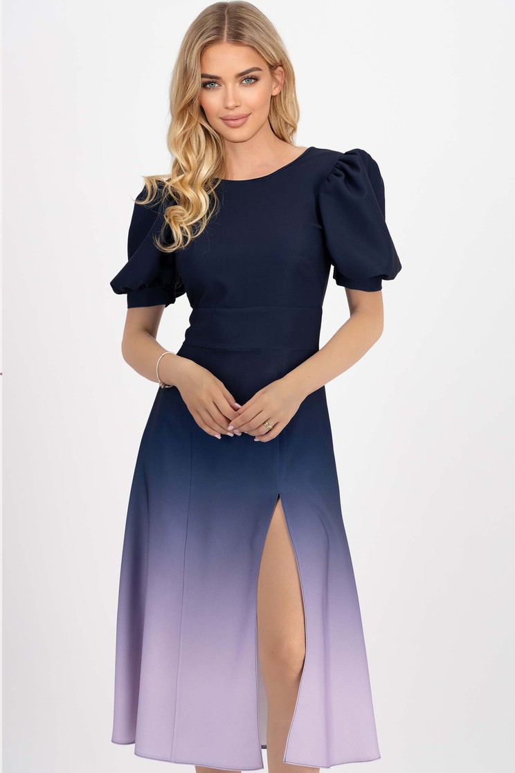 Rochie din stofa elastica in degrade mov midi in clos cu maneci bufante - StarShinerS