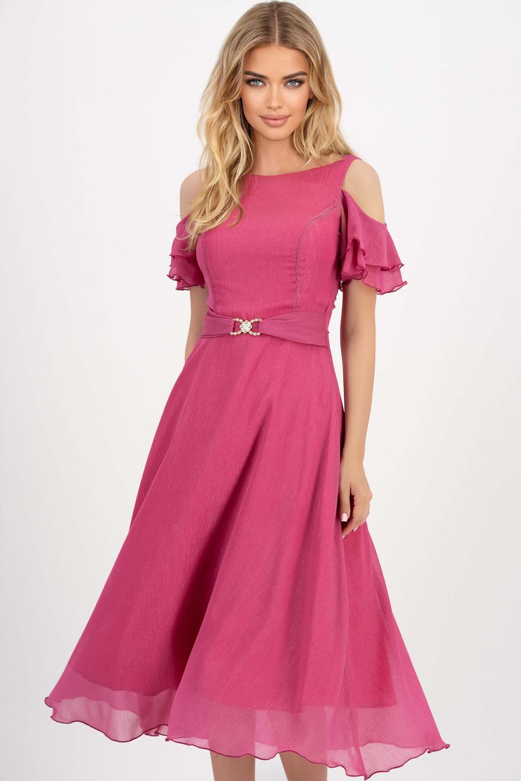 Rochie din voal fuchsia midi in clos cu aplicatii cu sclipici - StarShinerS - Rochii-Dama.ro