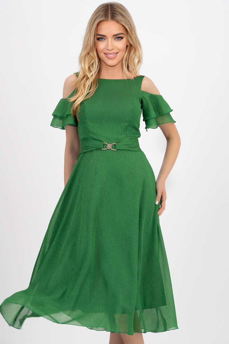 Rochie din voal verde midi in clos cu aplicatii cu sclipici - StarShinerS - Rochii-Dama.ro