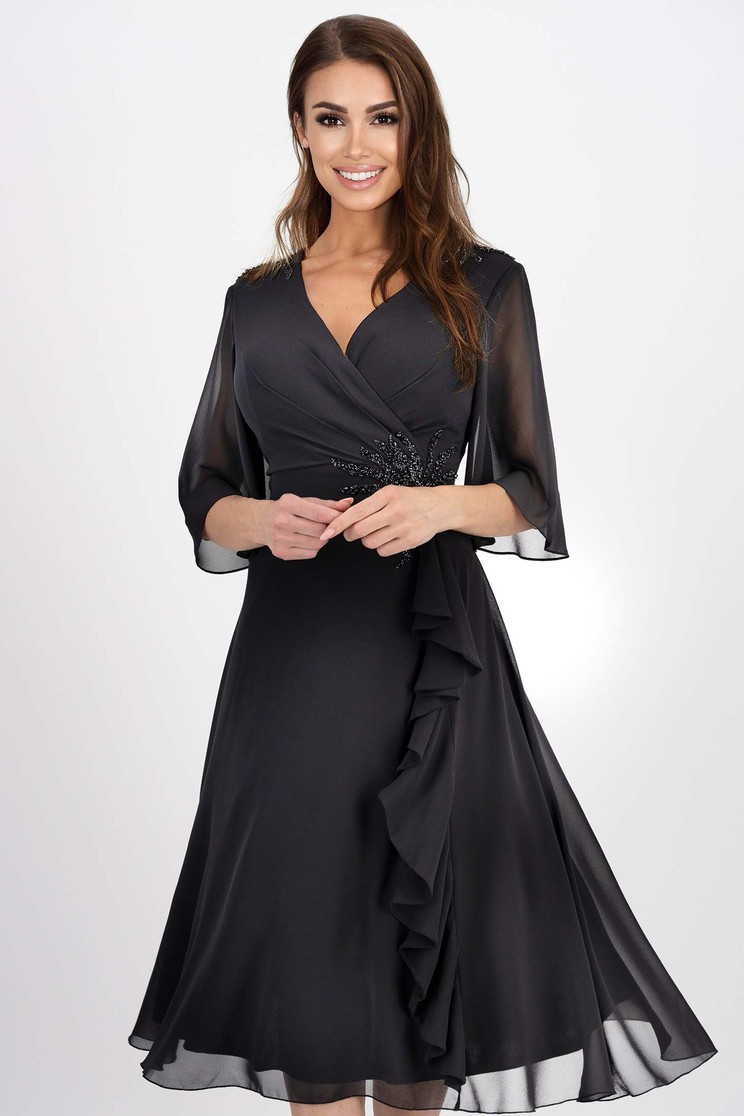 Rochie din voal neagra midi in clos cu decolteu petrecut si aplicatii cu pietre strass - Rochii-Dama.ro