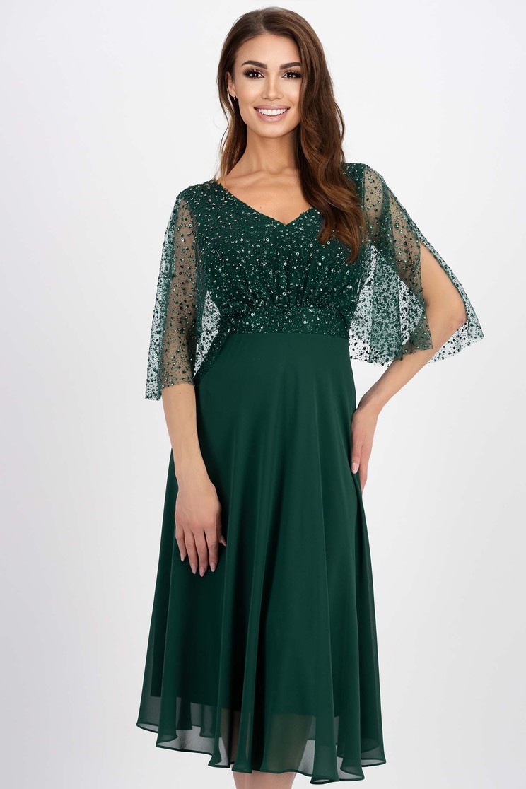 Rochie cu maneca scurta din voal plin si paiete verde-inchis midi in clos