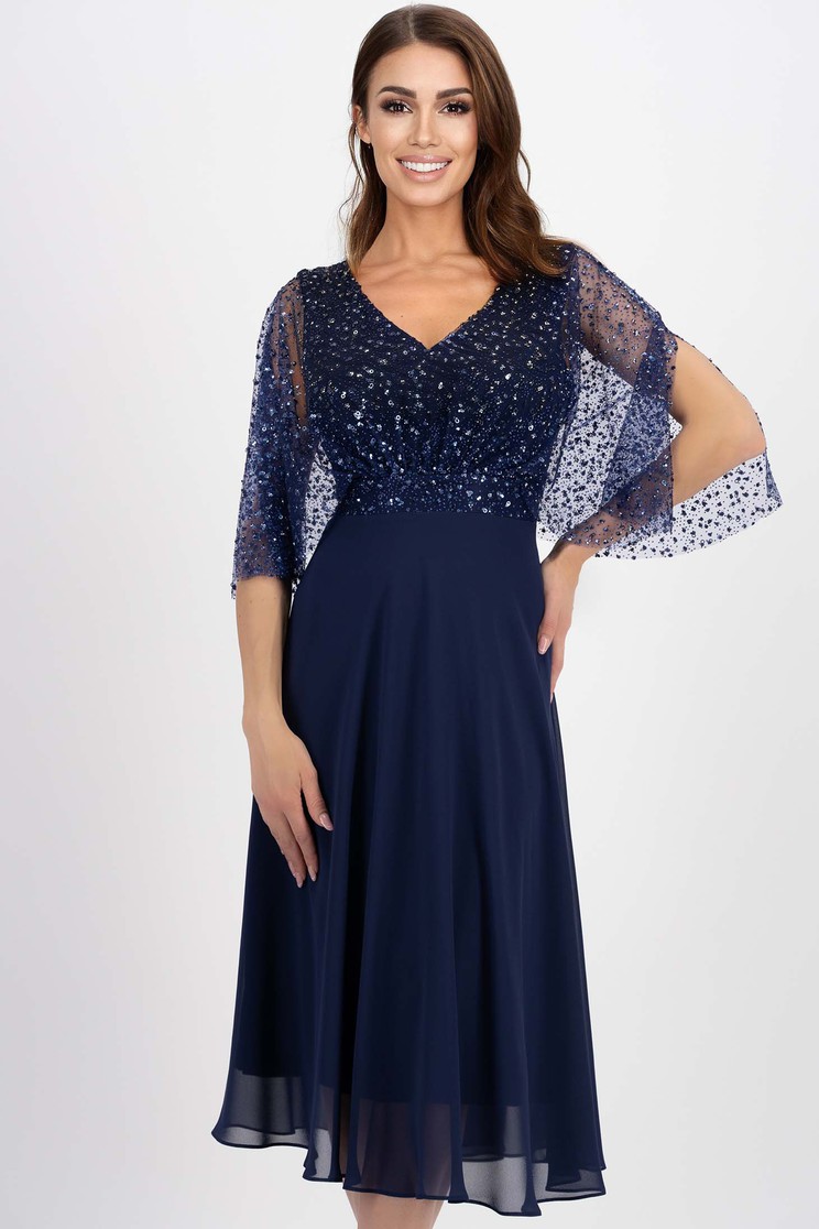 Rochie de ocazie din voal plin si paiete bleumarin midi in clos