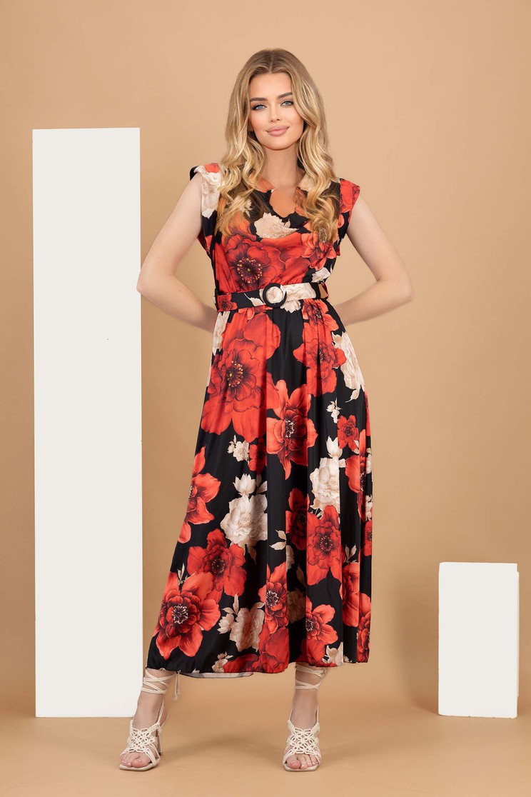 Rochie cu imprimeu floral din satin maxi in clos cu elastic in talie si accesoriu tip curea - SunShine