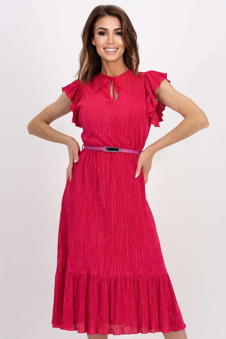 Rochie plisata din viscoza roz midi in clos cu elastic in talie si accesoriu tip curea - StarShinerS - Rochii-Dama.ro