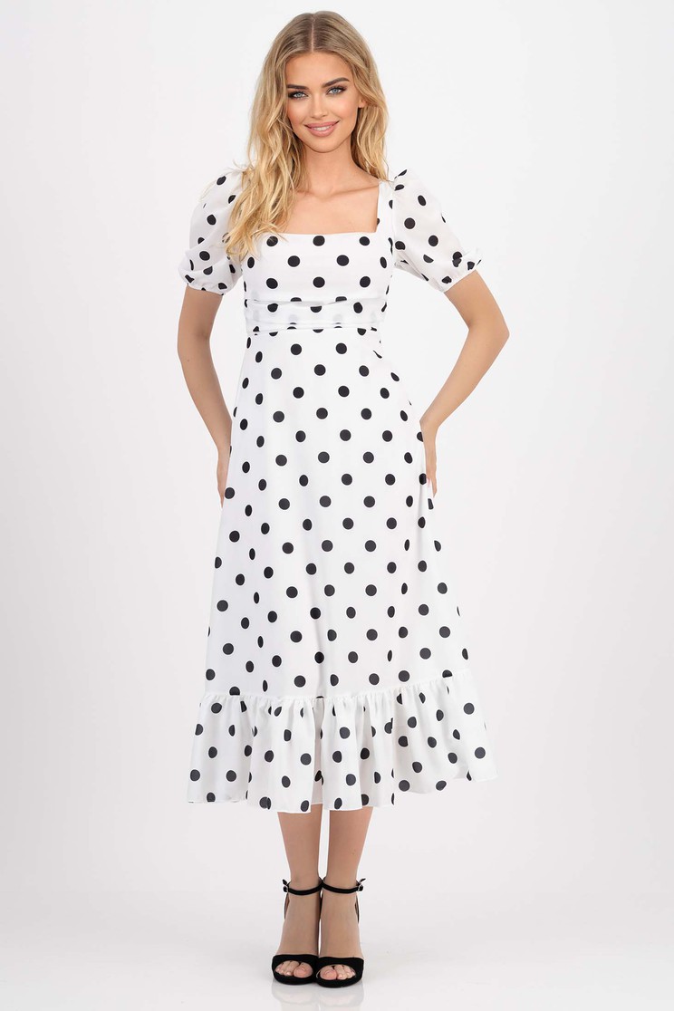 Rochie din bumbac subtire alba midi in clos cu maneci scurte bufante