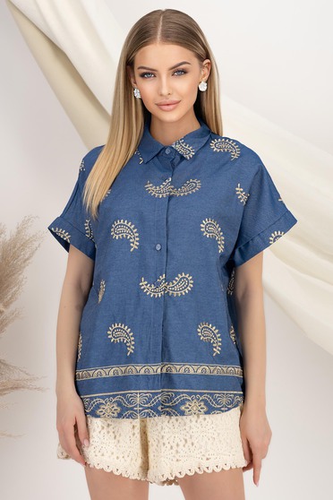 Bluza dama din bumbac albastra cu croi larg si detalii brodate