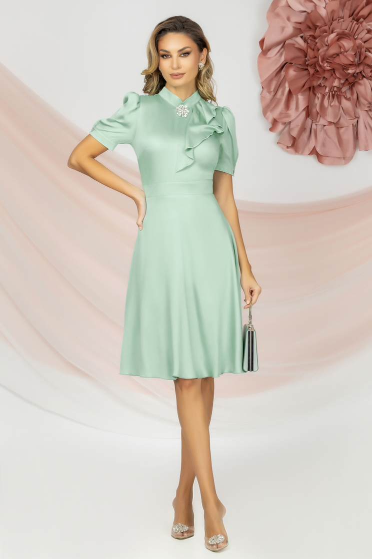 Rochie din viscoza mint midi in clos accesorizata cu brosa - Rochii-Dama.ro