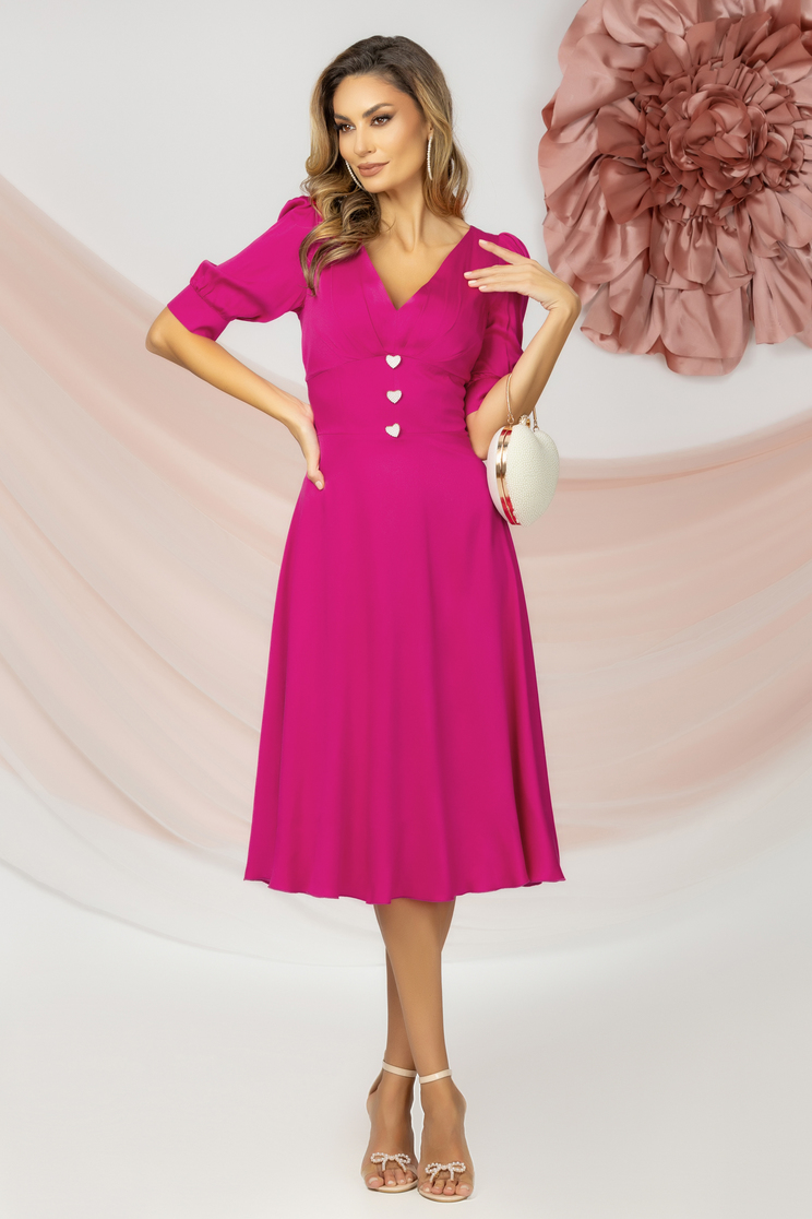 Rochie cu maneca scurta din viscoza fuchsia midi in clos cu nasturi decorativi