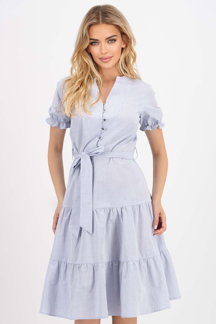 Rochie din bumbac gri midi in clos cu elastic in talie si maneci bufante - Rochii-Dama.ro