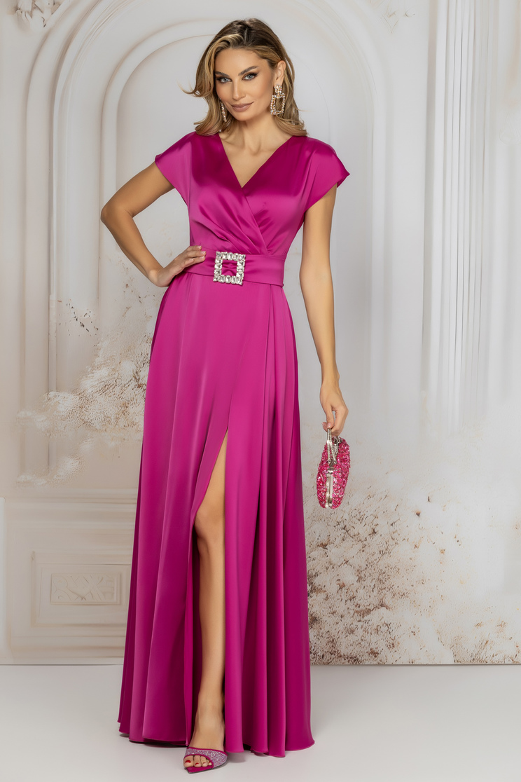 Rochie din tafta elastica fuchsia lunga in clos cu decolteu petrecut si cordon detasabil - Rochii-Dama.ro