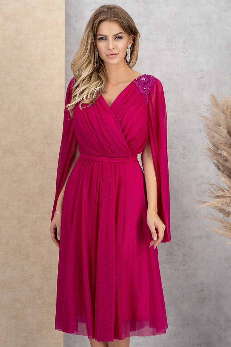 Rochie din voal cu sclipici fuchsia midi in clos cu aplicatii pe umeri - Rochii-Dama.ro