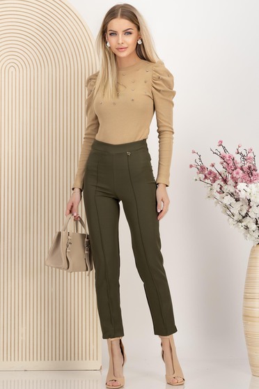 Pantaloni eleganți damă – Colecția 2025, Pantaloni din stofa usor elastica kaki conici cu talie inalta - StarShinerS - StarShinerS.ro
