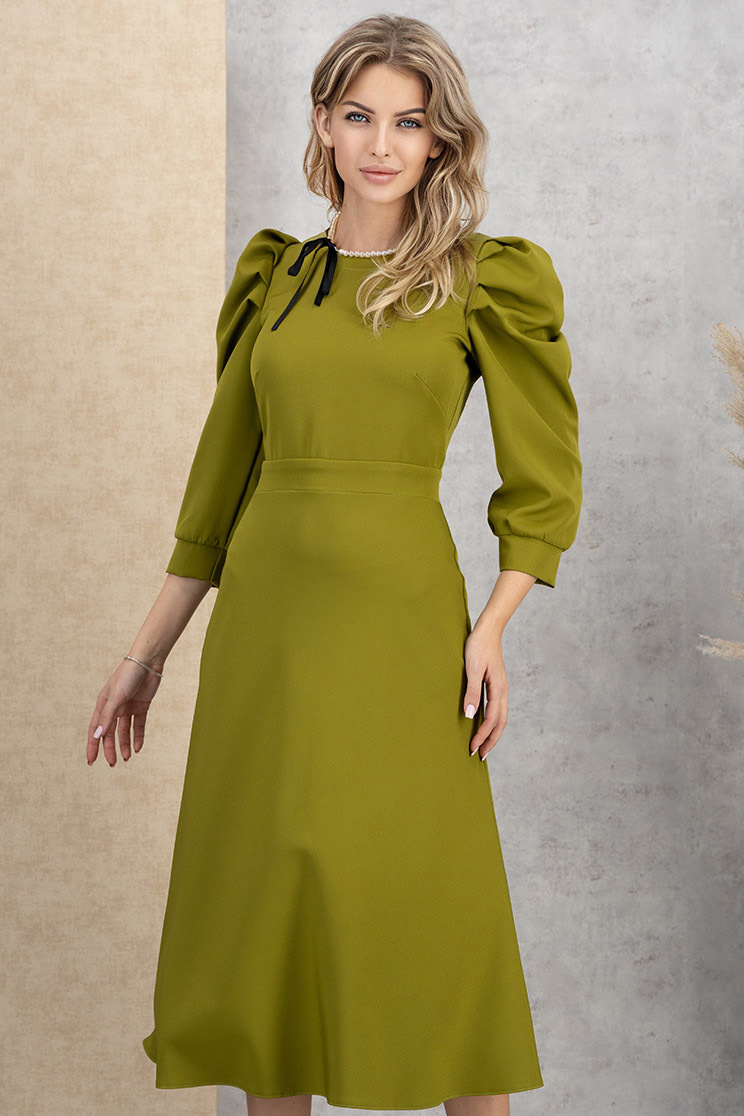 Rochie din stofa elastica verde olive midi in clos cu umeri bufanti - StarShinerS