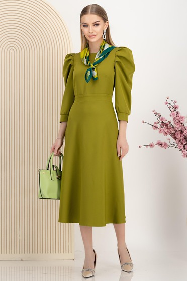 Rochii Office 2025 – Modele Elegante, Midi, Scurte, Tip Creion, Rochie din stofa elastica verde olive midi in clos cu umeri bufanti - StarShinerS - StarShinerS.ro