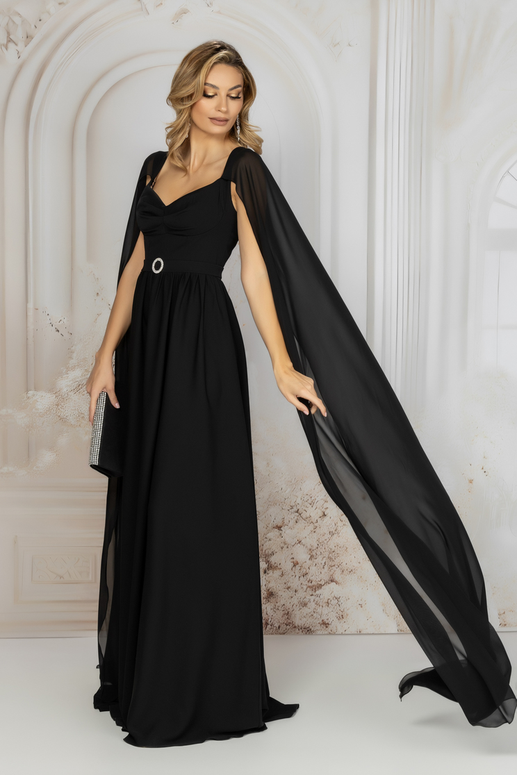 Rochie din georgette neagra lunga in clos cu maneci din voal tip capa