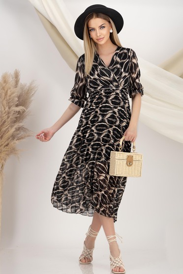 Rochii midi - Colecția 2025, Rochie plisata din voal neagra midi in clos cu elastic in talie si accesoriu tip curea - StarShinerS.ro