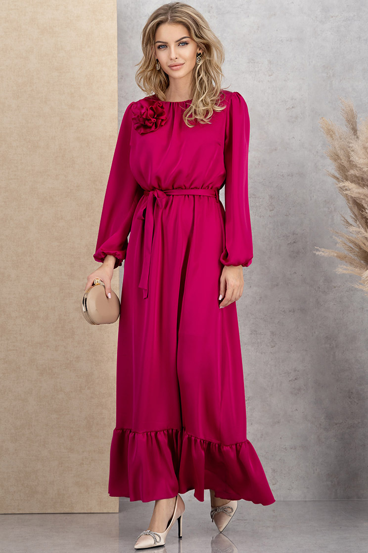 Rochie lunga din satin fuchsia in clos cu elastic in talie si brosa florala - StarShinerS