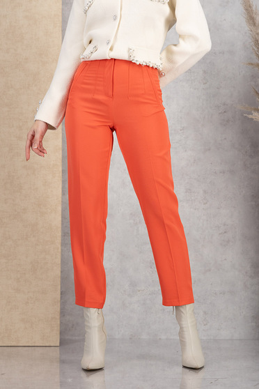 Pantaloni din stofa elastica corai conici cu talie inalta si buzunare false