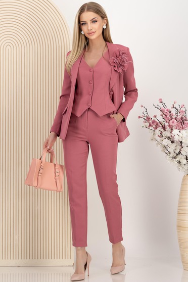 Pantaloni din stofa elastica roz conici cu talie inalta si buzunare laterale