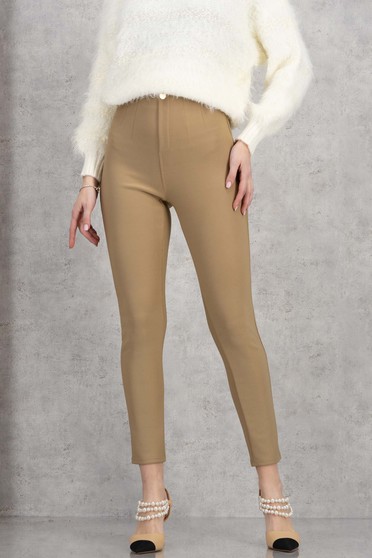 Pantaloni lungi din bumbac bej conici cu talie inalta