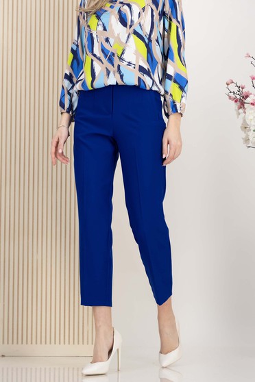 Pantaloni din stofa elastica albastri conici cu talie inalta si buzunare false