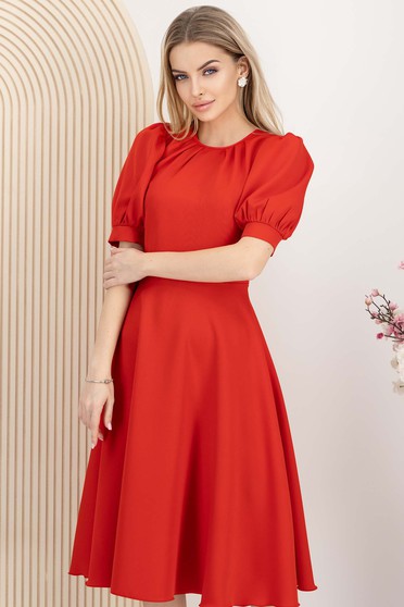 Rochii de ocazie - Colecția 2025 rosii, Rochie din stofa elastica rosie midi in clos cu maneci bufante - StarShinerS - StarShinerS.ro