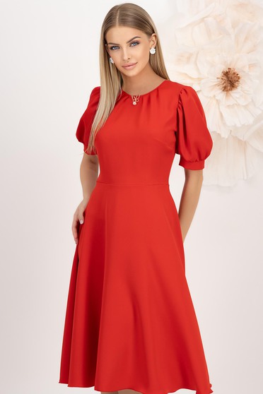 Rochii XS-S (36) - Colecția 2025, Rochie din stofa elastica rosie midi in clos cu maneci bufante - StarShinerS - StarShinerS.ro