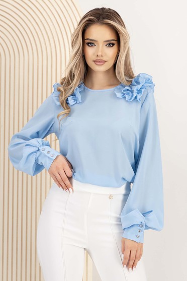 Bluza dama din voal albastru-deschis cu croi larg si volanase la umeri - StarShinerS