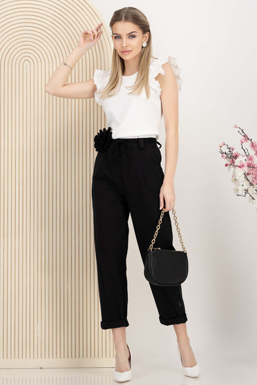 Pantaloni lungi din bumbac negri cu elastic in talie si aplicatie florala