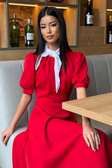 Rochii Office 2025 – Modele Elegante, Midi, Scurte, Tip Creion, stofa, Rochie din stofa elastica rosie midi in clos cu umeri bufanti - StarShinerS - StarShinerS.ro