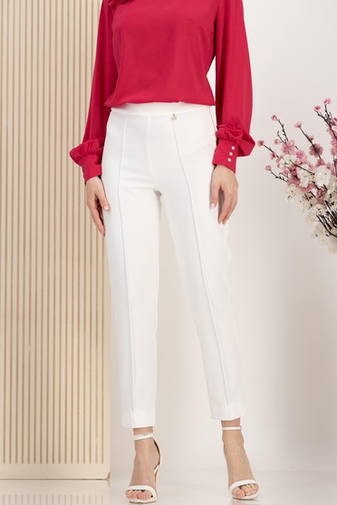 Pantaloni lungi din stofa premium elastica albi conici cu talie inalta - StarShinerS