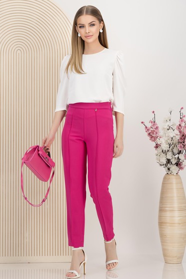 Pantaloni lungi din stofa premium elastica fuchsia conici cu talie inalta - StarShinerS