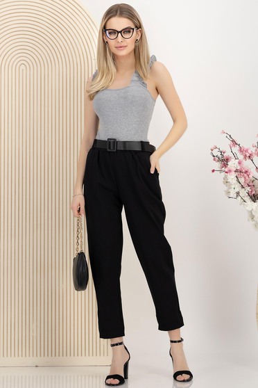 Pantaloni damă – Colecția 2025 casual, Pantaloni lungi din bumbac negri cu elastic in talie si accesoriu tip curea - StarShinerS.ro