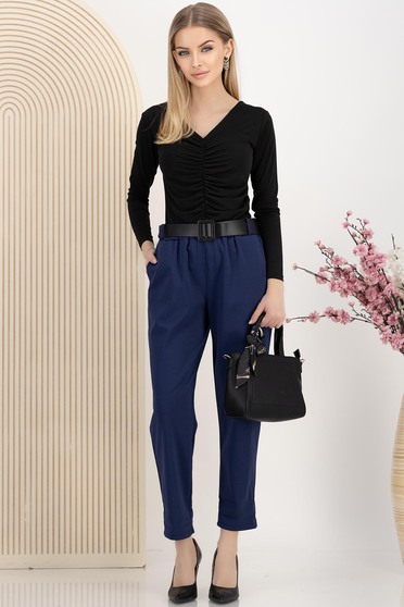 Pantaloni lungi din bumbac bleumarin cu elastic in talie si accesoriu tip curea